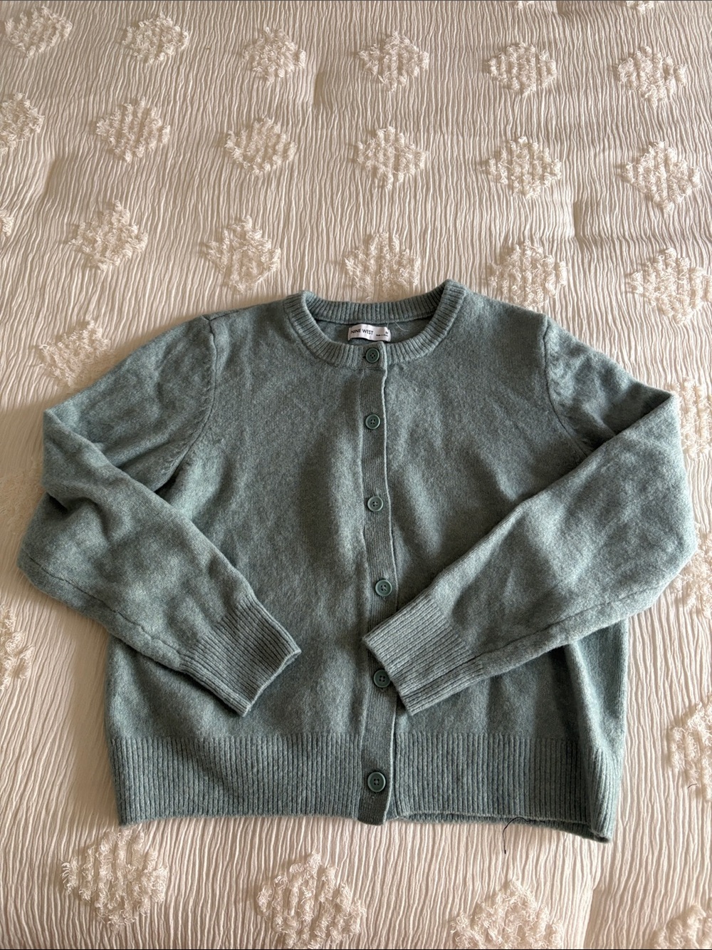 Nine West Sage Green Button-Up Crewneck Cardigan